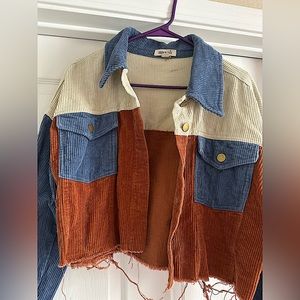 Tri-Color Distressed Cropped Corduroy Jacket
